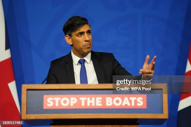 Prime Minister Rishi Sunak conducts a press conference in the Downing Street Briefing Room, as he gives an update on the plan to "stop the boats" and...