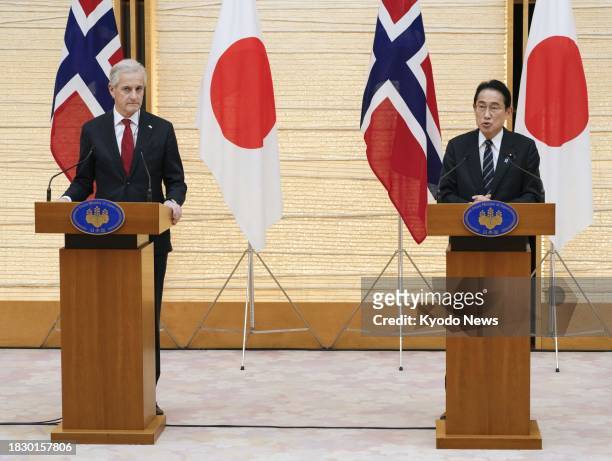 Japanese Prime Minister Fumio Kishida and his Norwegian counterpart Jonas Gahr Store attend a joint press conference after their talks in Tokyo on...