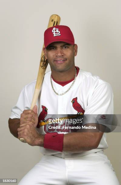 February 24: Albert Pujols of the St. Louis Cardinals pose for portraits during Cardinals' spring training Media Day at Roger Dean Stadium on...