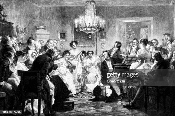 schubert plays with a bourgeois family in vienna from his works - franz schubert stock illustrations