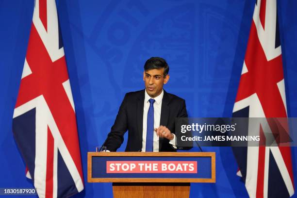 Britain's Prime Minister Rishi Sunak hosts a press conference inside the Downing Street Briefing Room, in central London, on December 7 after Britain...