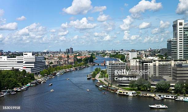landscape of water, buildings, and skyline in amsterdam - amstel stockfoto's en -beelden