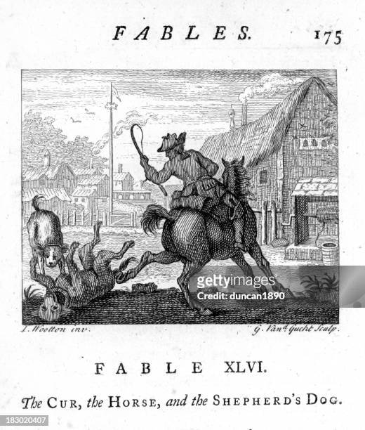 fable cur horse and the shepherd's dog - dogfight stock illustrations