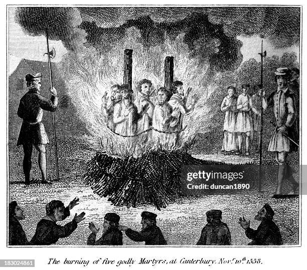 stockillustraties, clipart, cartoons en iconen met burning of five godly martyrs at canterbury - martelaar