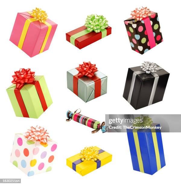 isolated presents gifts collection assortment - christmas present isolated stock pictures, royalty-free photos & images