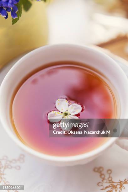 vintage cup tea near spring flowers - earl grey tea leaves stock pictures, royalty-free photos & images
