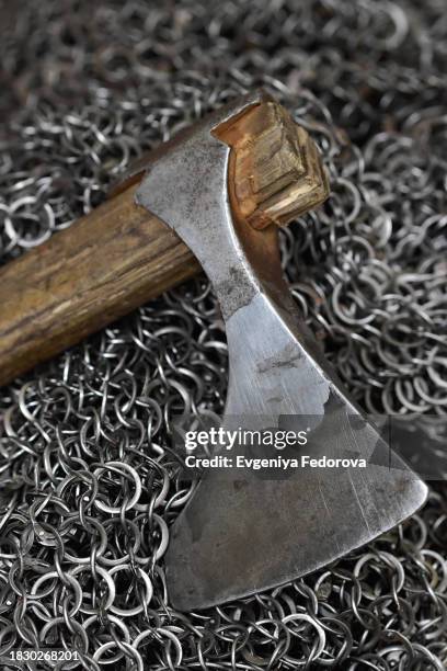 viking ax and chain mail - festival of remembrance 2019 stock pictures, royalty-free photos & images