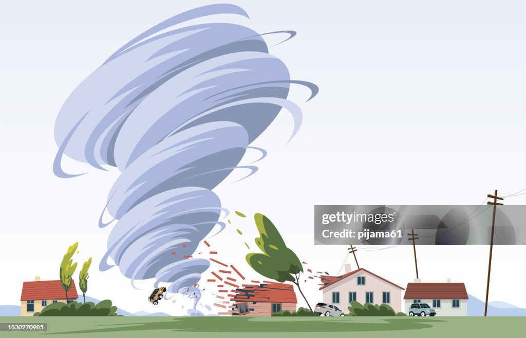 Hurricane disaster. Air twister disaster natural scene. Tornado blows the roof off house.