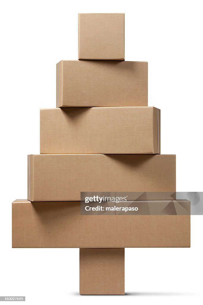 Cardboard boxes in the shape of a Christmas tree