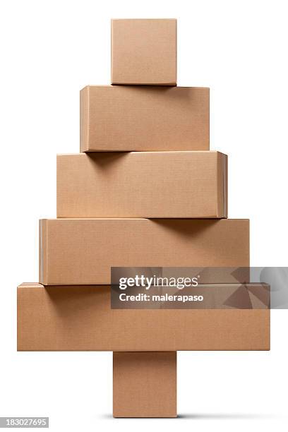 cardboard boxes in the shape of a christmas tree - christmas tree white background stock pictures, royalty-free photos & images