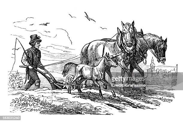 ilustraciones, imágenes clip art, dibujos animados e iconos de stock de grabado hombres arar un campo con dos caballos - one man only stock illustrations