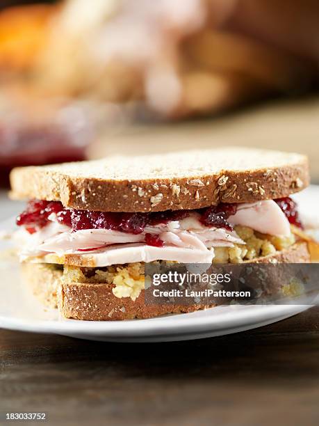 turkey sandwich with stuffing and cranberries - whole wheat sandwich stock pictures, royalty-free photos & images