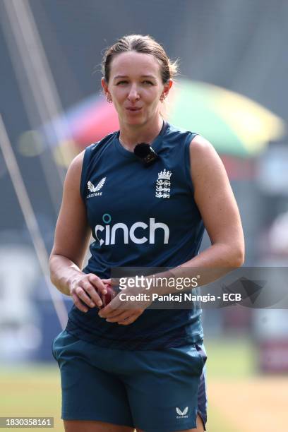 Kate Cross of England during a net session at Wankhede Stadium on December 7, 2023 in Mumbai, India.