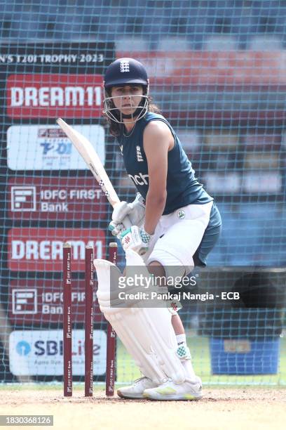 Maia Bouchier of England bats during a net session at Wankhede Stadium on December 7, 2023 in Mumbai, India.