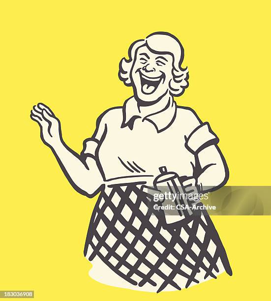 stockillustraties, clipart, cartoons en iconen met laughing woman holding a coffee pot - serveerster