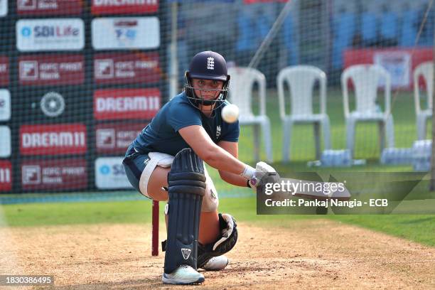 Bess Heath of England bats during a net session at Wankhede Stadium on December 7, 2023 in Mumbai, India.