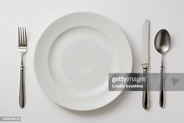 isolated shot of plate with cutlery on white background - vork stockfoto's en -beelden