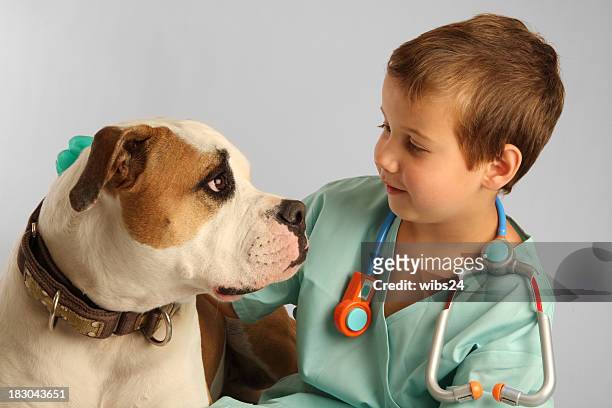 young kid with vet attire and toy stethoscope petting a dog - child holding toy dog stock pictures, royalty-free photos & images