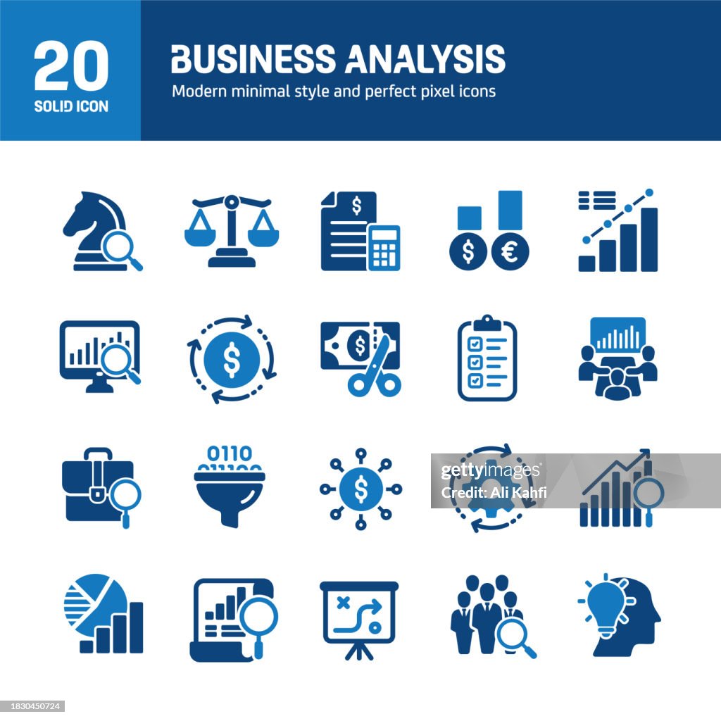 Business analysis solid icons. Containing data, strategy, planning, research solid icons collection. Vector illustration. For website design, logo, app, template, ui, etc.
