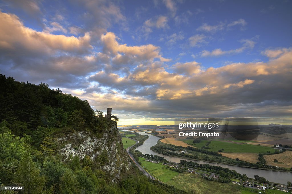 Kinnoul Tower overlooking Perthshire landscape in evening light.