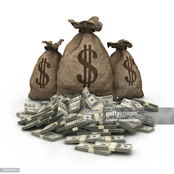 dollar bag with dollars heap - money bag white background stock pictures, royalty-free photos & images