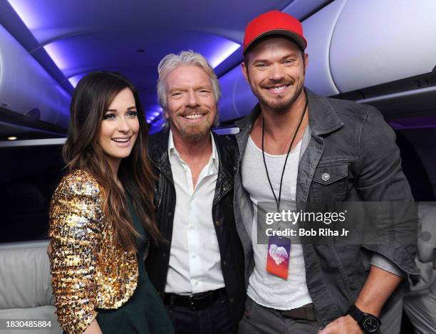 Virgin Group Founder Sir Richard Branson , Grammy-award winning county music artist Kacey Musgraves and actor Kellan Lutz on Virgin America flight to...