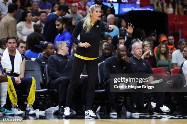 Assistant coach Jenny Boucek of the Indiana Pacers reacts during the second quarter of the game against the Miami Heat at Kaseya Center on November...