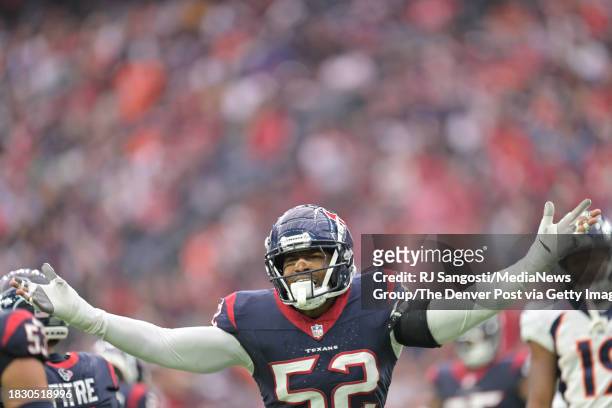 Houston Texans defensive end Jonathan Greenard does not like a call during the second half at NRG Stadium in Houston, Texas on December 3, 2023. The...
