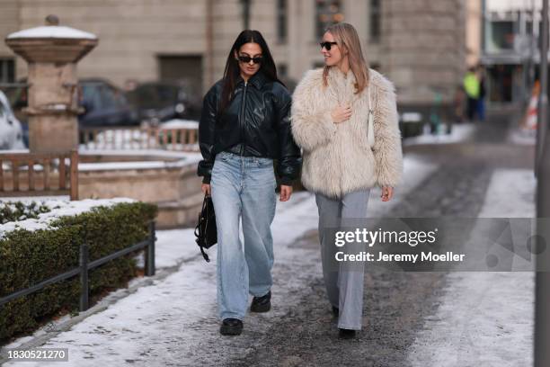 Anna Winter seen wearing Bottega Veneta white sunglasses, Acne Studios green leather cropped bomber jacket, Weekday light blue denim jeans / pants,...