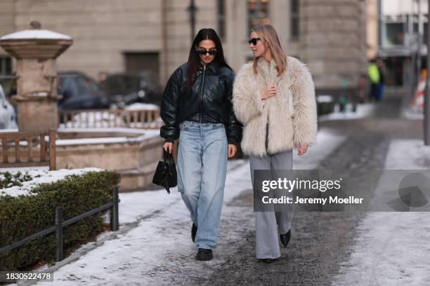 Anna Winter seen wearing Bottega Veneta white sunglasses, Acne Studios green leather cropped bomber jacket, Weekday light blue denim jeans / pants,...