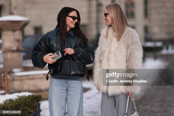 Anna Winter seen wearing Bottega Veneta white sunglasses, Acne Studios green leather cropped bomber jacket, Weekday light blue denim jeans / pants,...