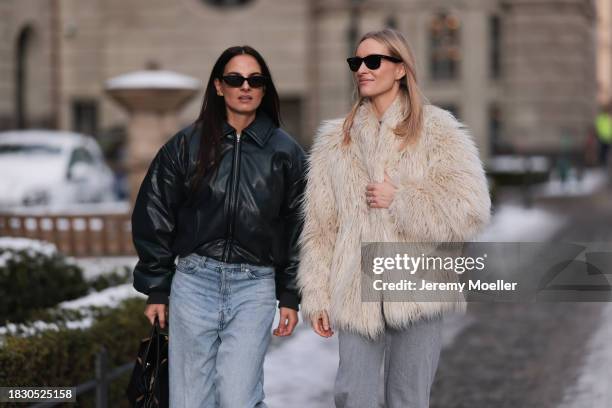 Anna Winter seen wearing Bottega Veneta white sunglasses, Acne Studios green leather cropped bomber jacket, Weekday light blue denim jeans / pants,...