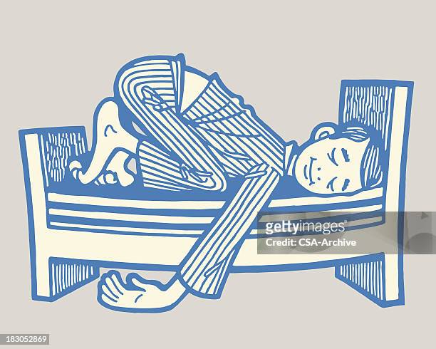 man sleeping on a short bed - child asleep in bedroom at night stock illustrations