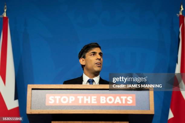 Britain's Prime Minister Rishi Sunak hosts a press conference inside the Downing Street Briefing Room, in central London, on December 7 after Britain...