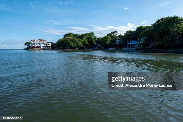 paradisiacal coastline seen from afar with lush vegetation forest, and colorful houses by a calm ocean - salvadorianische kultur stock-fotos und bilder