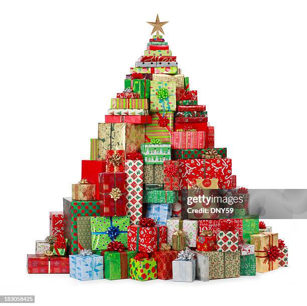 christmas present tree - christmas tree white background stock pictures, royalty-free photos & images