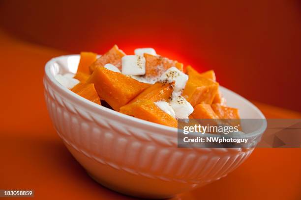 white bowl with cooked yams and marshmallows - yam stock pictures, royalty-free photos & images