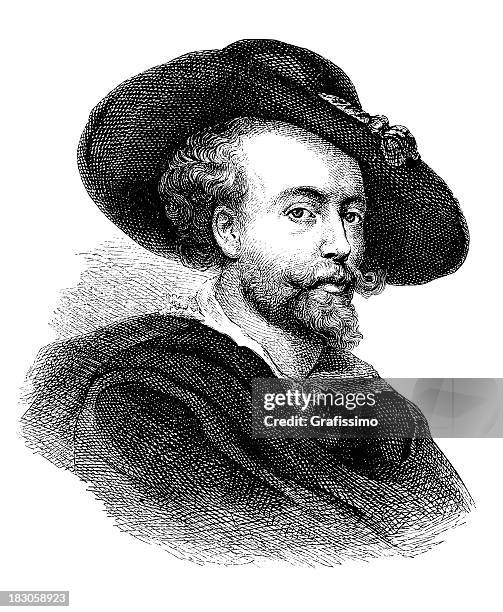 engraving of painter peter paul rubens from 1870 - peter paul rubens painter stock illustrations