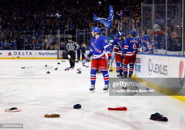 Artemi Panarin of the New York Rangers celebrates his hattrick at 4:41 of the third period against the San Jose Sharks at Madison Square Garden on...