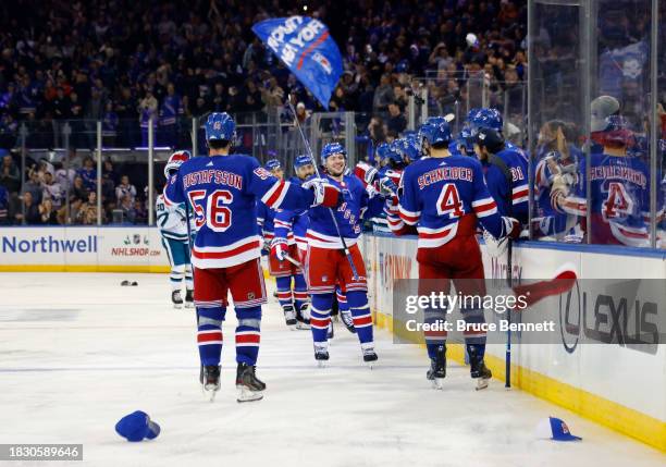 Artemi Panarin of the New York Rangers celebrates his hattrick at 4:41 of the third period against the San Jose Sharks at Madison Square Garden on...