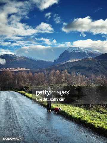 Woman Walking Dog on Road with Stunning View of Distant Mountain Ben Nevis