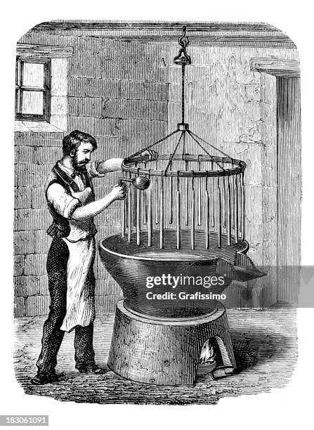 engraving man manufacturing candles from 1870 - dips stock illustrations