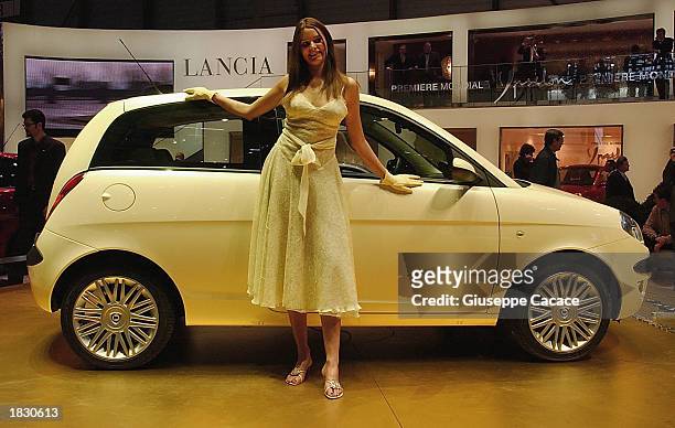 The new Lancia Ypsilon is displayed at the 73rd Geneva International Motor Show March 5, 2003 in Geneva, Switzerland. More than 40 cars will be...