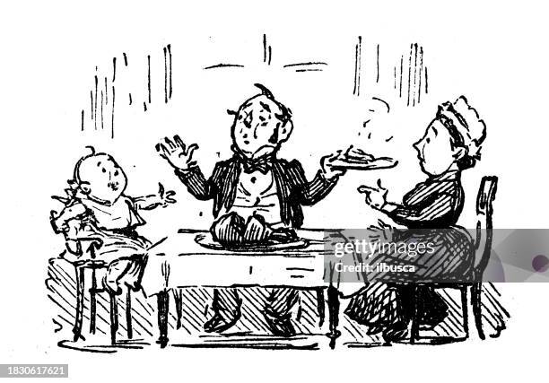 british satire caricature comic cartoon illustration - boy sitting at table stock illustrations