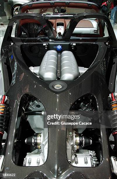 Detail of the engine of the new Porsche 911 GT3 is displayed at the 73rd Geneva International Motor Show March 5, 2003 in Geneva, Switzerland. More...