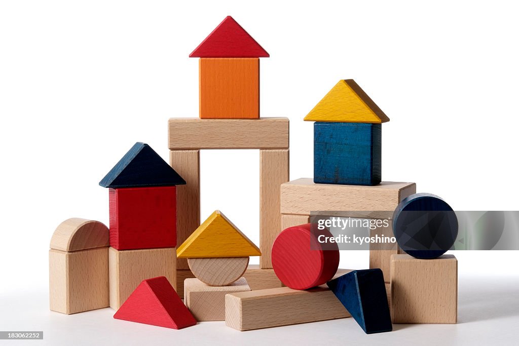 Isolated shot of home building wood blocks on white background