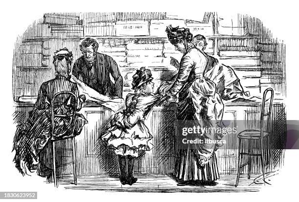 british satire caricature comic cartoon illustration - family clothes shopping stock illustrations