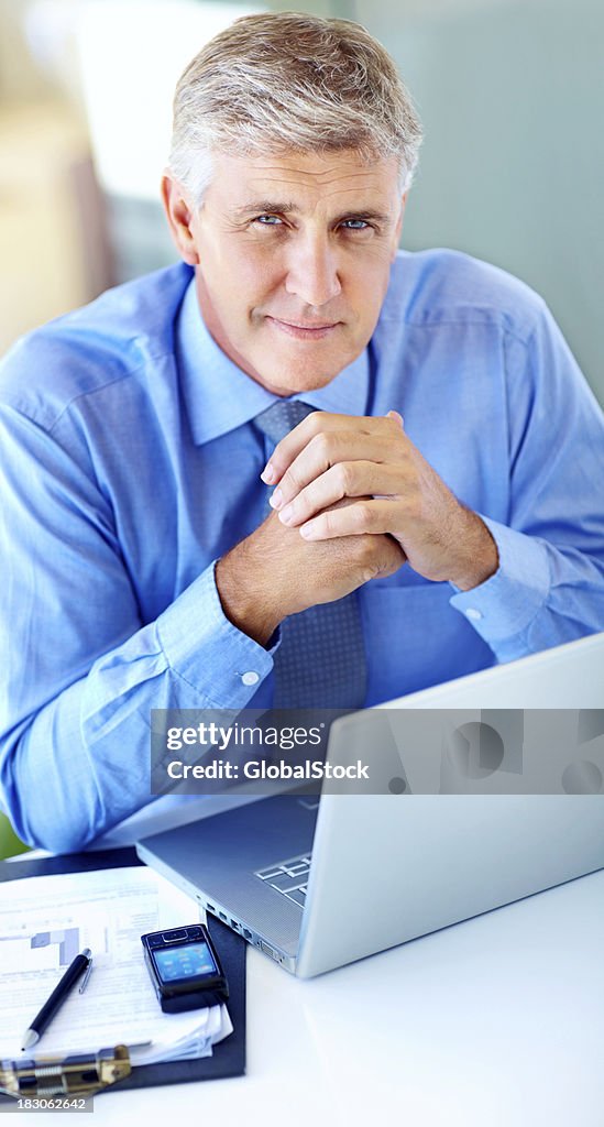 Handsome middle aged business man sitting with laptop at work