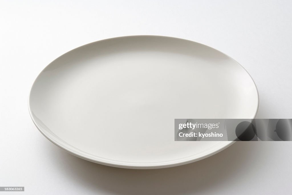 Isolated shot of white empty plate on white background