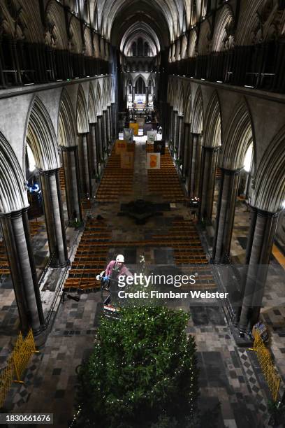 Richard Pike, ecclesiastical Joiner at the Cathedral, begins to add lights to the tree with the Cathedral's Works Yard team after installing the...
